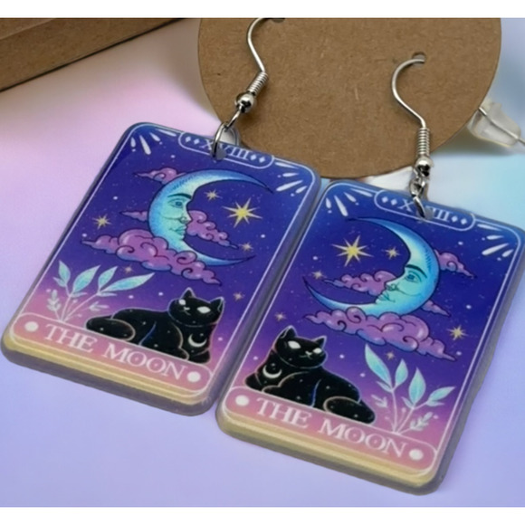 Tarot Card Moon Black Cat Earrings Celestial Magic Mystical Goth w/ Gift Box NEW - Picture 1 of 6